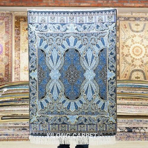 YILONG 2.7'x4' Blue Parlor Handmade Silk Area Rug Sitting Room Carpets (ZQG455A)