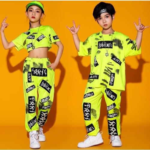 2021 Kids Hip Hop Clothing Fluorescent Green Outfits Girsl Jazz Dance Costume Boys Street Dance Performance Stage Wear BL6093