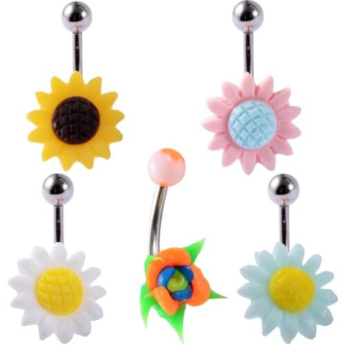 5Pcs/Lot Mixed Style Steel Silicone Sunflowers Navel Piercings Belly Button Rings Fashion Cute Piercing Body Jewelry Woman Gifts
