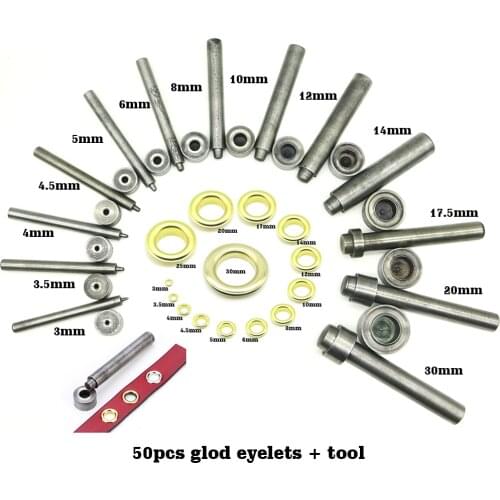 50 set gold eyelet and Brass Eyelet Punch Die Tool Set for Leather Craft Clothing Jeans, Apparel, Bags, 3-20mm