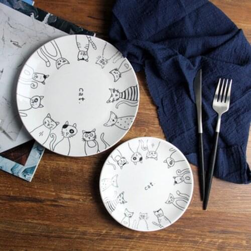 6/8 Inch Korean Creative Cartoon Kitten Round Ceramic Plate Kitchen Household Japanese Bone China Tableware Dish