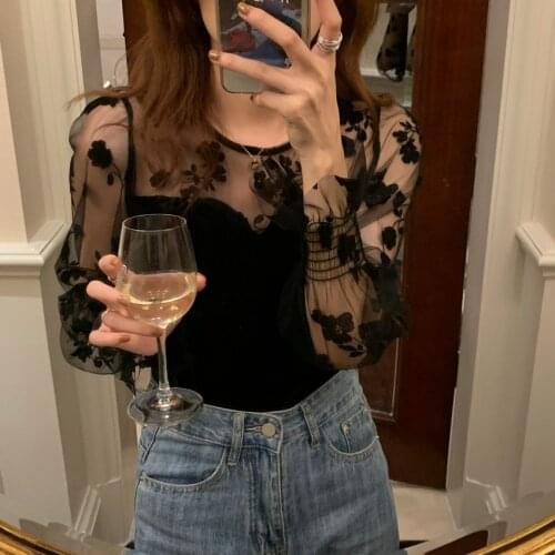 Alien Kitty Black Mesh Sexy Basic Slim Florals Femme 2021 Basewear Office Lady Retro Vintage Hot All Match Streetwear Blouses