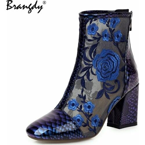 Brangdy Sexy Women Pumps Embroidery Ankle Boots PU Square Toe Scales Women High Heels Shoes Mesh Women Square Heels Shoes Zipper