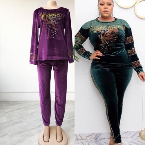 Spring and Autumn African Women Long Sleeve O-neck Dashiki Two Pieces Sets Top and Long Pant African Clothes Women African Suit