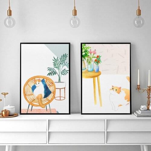 Customized Minimalist Cute Nordic Style Cat Wall Painting Frameless Canvas Printing Decorative Poster