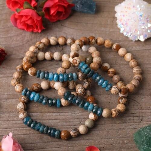 5pcs/Lot Natural Blue Apatite Slice Beads 8mm Picture Jaspers Round Beads Elastic Stretch Bracelet Women Yoga Handmade Jewelry