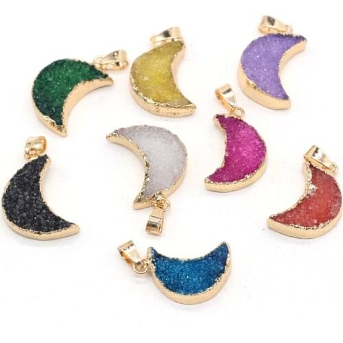 Wholesale Natural Stone Druzy Agates Pendant Moon Shape Crystal Quartz Charms for Women Jewelry Making DIY Earring Necklace Gift