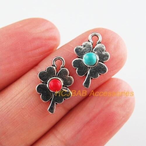30 New Clover Charms Tibetan Silver Tone Red & Blue Stone Flower Pendants 9.5x15mm