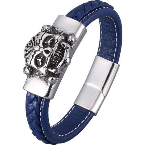 Skeleton Skull Punk Ornament Blue Leather Bracelets For Men Cuff Bangle Wristband Jewelry Gifts BB0892