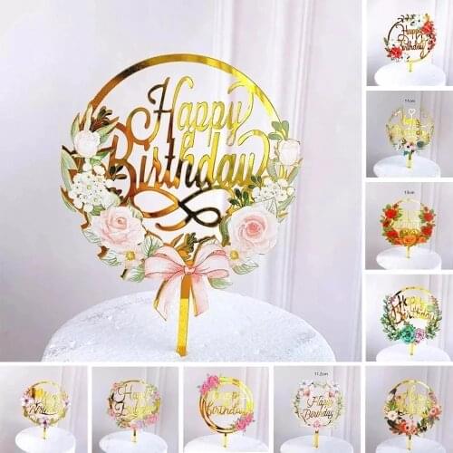 Happy Birthday Cupcake Toppers Colored Flowers Acrylic Cake Topper Party Decorations For Kids Party Dessert Baking Supplies