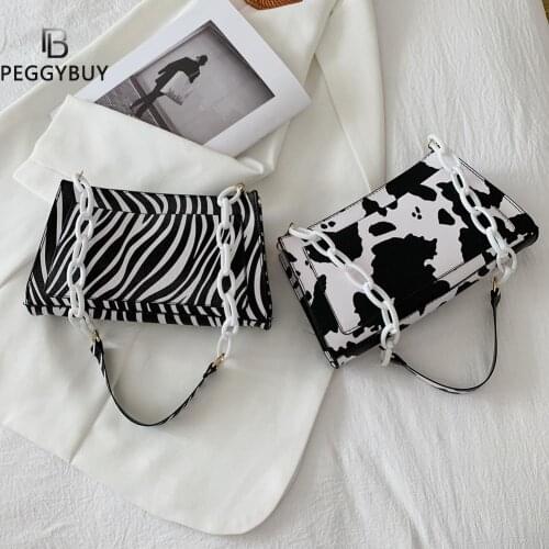 Vintage Women PU Leather Animal Pattern Printing Shoulder Underarm Bag Casual Ladies Acrylic Chain Small Handbags Purse