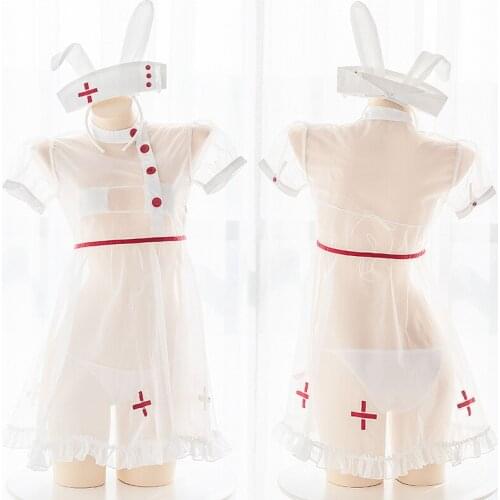 Japanese Pure Kawaii Fun Little Nurse Uniform Set Cute Bunny First Aid Perspective Dress Bikini Underwear