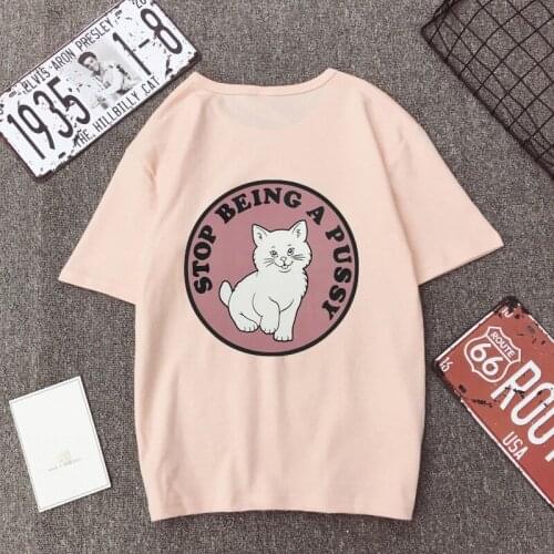 Female Cute Cat Print Letter Female Pink Tshirt Women Harajuku Summer Kawaii T Shirt Casual Cotton Top Plus Size T-Shirt