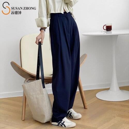Women Pants Female Trousers Simple Elegant Tapered Turn-Up Cuff Elastic Waist Belt Loop Button Fly Poplin Fabric Basic Suit OL