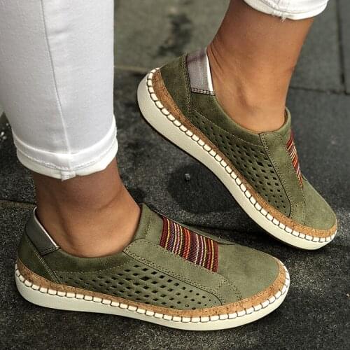 Women Flats Hollow Out Female Casual Sneakers Striped Elastic Band Slip on Shoes Woman Breathable Flat Shoe Big Size EU43 DX0805