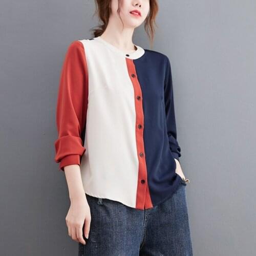 Women Long Sleeve Casual Chiffon Shirts New Arrival 2021 Korean Style O-neck Patchwork Color Loose Ladies Elegant Tops B1043