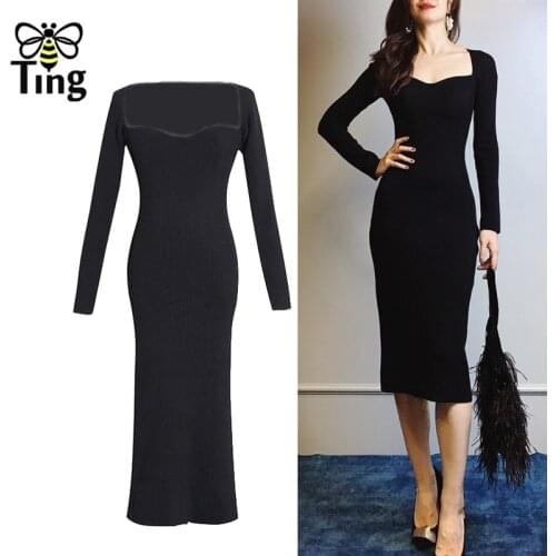 Tingfly Retro Sweetheart Collar Sexy Bodycon Midi Long Knitting Dress Spring Autumn Street Casual Knitwear Vestidos Lady Robes