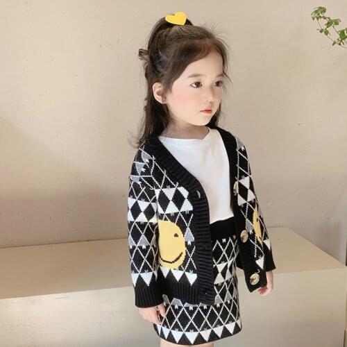 Baby Girl Winter Clothes Set Autumn Girls Smile Cardigan Sweater Plaid Hip Skirt 2 Piece Suit 2-7 Years Children Casual Costumes
