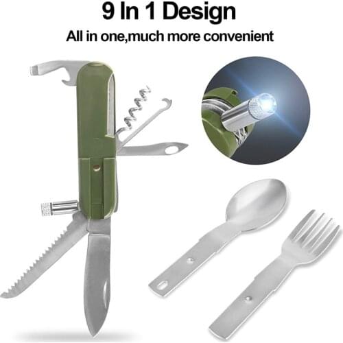 1PC 9 in1 Outdoor Tableware Folding Fork Spoon Stainless Steel Multi-function Corkscrew Camping Hiking Travel Picnic Accessories