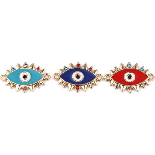 10 PCs Zinc Based Alloy Religious Connectors For Jewelry Making Marquise Dark Blue Evil Eye Enamel Multicolor Rhinestone 24x16mm