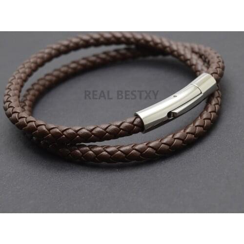 5pcs/lot Trendy Mens Bracelets Jewelry Brown Braided Leather Bracelet Stainless Steel Men Bracelet Jewellery Bangles Male Gift