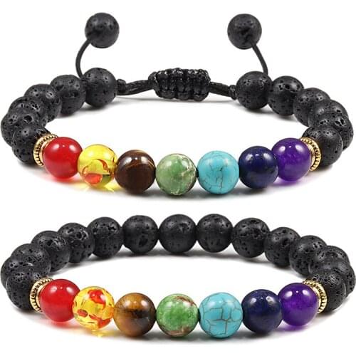 7 Chakra Bracelet Men Black Lava Tiger Eye Stones Healing Balance Beads Reiki Buddha Prayer Natural Stone Yoga Bracelets Bangles