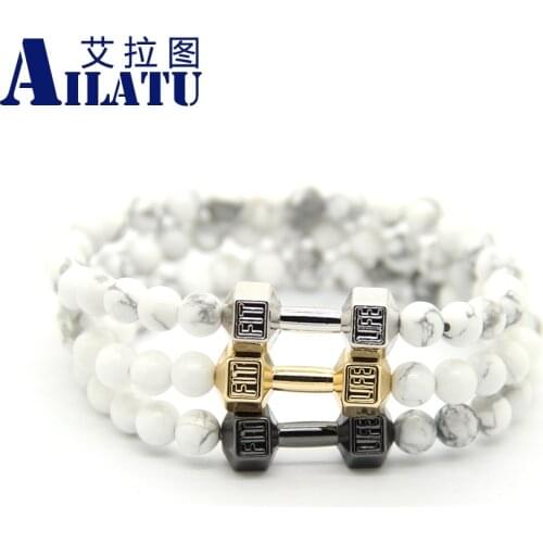 Ailatu New Design Mens Gift Barbell Jewelry 6mm White Howlite Beads with Alloy Metal Fitness Fashion Dumbbell Charm Bracelets