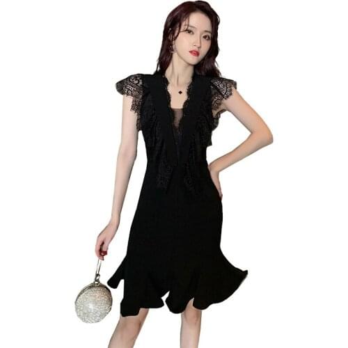 Black Lace Patchwork Midi Woman Dress Summer 2020 Short Sleeve Trumpet Black Dresses Woman Party Night Corset Elegant Dresses