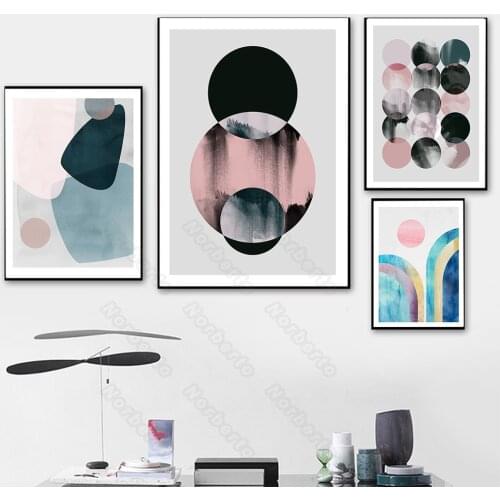 Canvas Painting Wall Poster Watercolor Geometric Pictures with Black Pink Green Blue Gray Colors for Home Rooms Wall Decoration