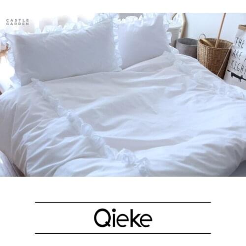 Brand 100%Cotton White Solid Ruffles Gils' Style bedding set fitted sheet/duvet cover/pillow case Home Textile Queen/King Size