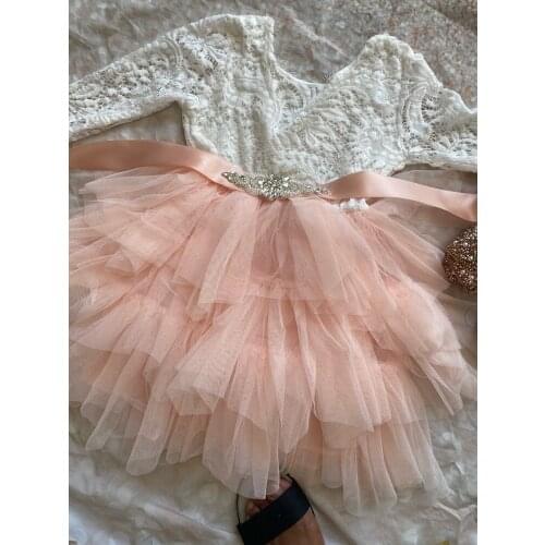 Girls Long Sleeved Lace Mesh Princess Dress Childrens Performance 3 layer yarn Cake Dresses