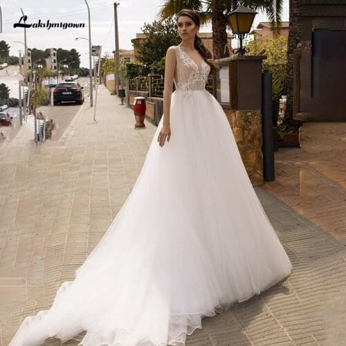 Laksgmigown V-Neck Boho Wedding Dresses 2021 Backless Beach Tulle Bridal Gowns Applques Bride Dress Custom Made vestido de novia