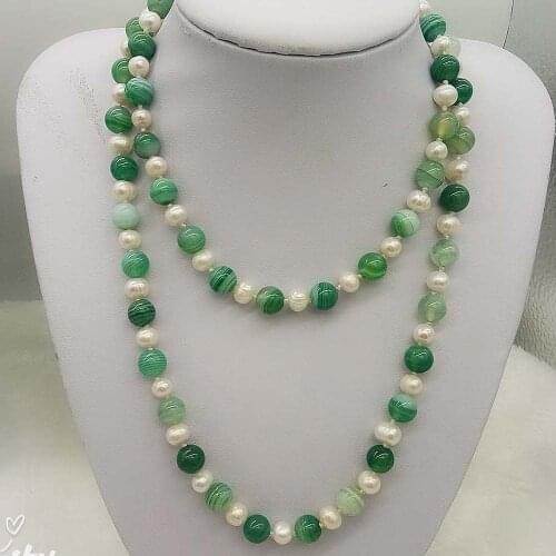 LJHMY String White Freshwater Pearl Natural green agate Necklace Long 30 inches