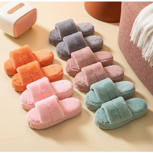 2021 New Cotton Slippers Women Household Home Shoes Faux Fur Sandales Slope Heel Sandals Winter Non-slip Sandalias In Stock