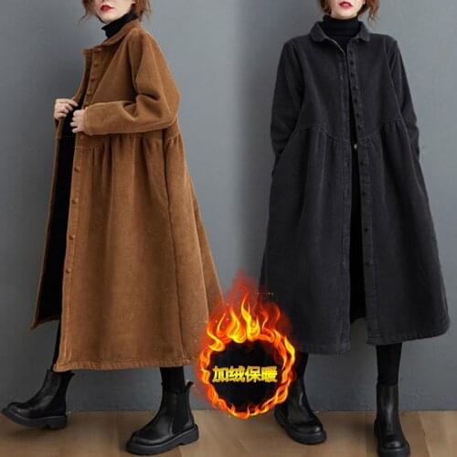 2021 Winter New Women Trench Fleece Long-sleeved Loose Corduroy Solid Color Vintage Fashion Casual Women Long Warm Coat s996