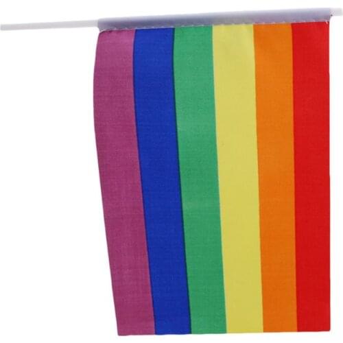 14x20cm Rectangle Cross Stripes Rainbow Gay Pride Stick Flag Lesbian LGBT Hand Held Waving Small Flag Parade Party Supplies