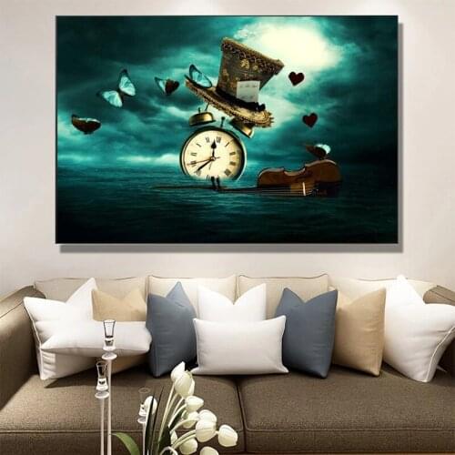 Modern Creative Wall Clock Violin Butterfly Hat Picture Surrealism Home Decoration Canvas Painting Art Posters and Prints
