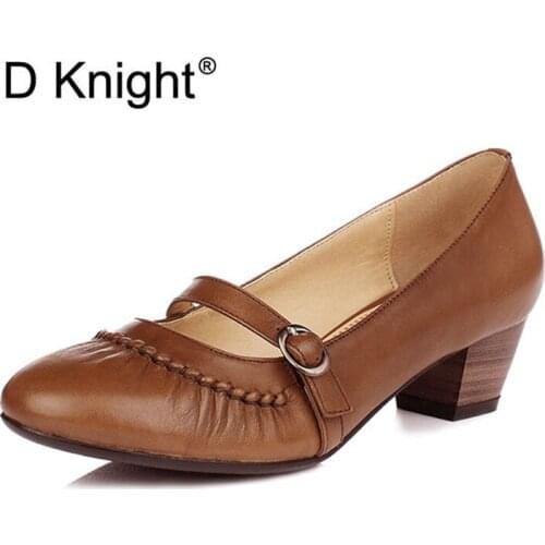 Fashion Shallow Thick High Heels Retro Round Toe Genuine Leather High Heels Pumps Shoes Woman Sexy Slip On Pumps Plus Size 34-43