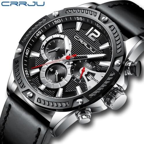 Top Brand Luxury CRRJU Fashion Leather Strap Quartz Men Watches Casual Date Business Male Wristwatches Clock Montre Homme
