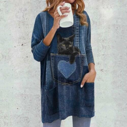 Vintage Pocket Blouses Women Casual Cat Print Long Sleeve Round Neck Tee Shirt Harajuku Oversized Tee Shirt Blouse Top Блузка@40