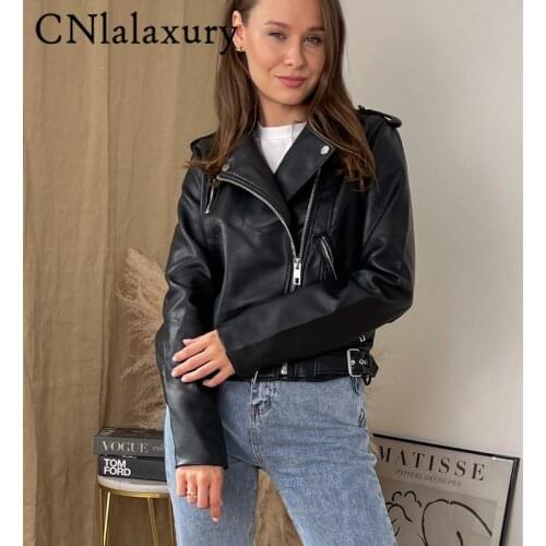 2021 New Spring Autumn Women Black Za Faux Leather Jacket Casual Zipper With Belt Biker Coat Female Casual Solid Short Outwear