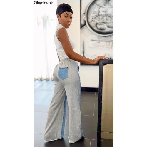 Olivekwok 2021 Summer Woman Fashion Patchwork Jeans Hollow Out Stragiht Casual Pants