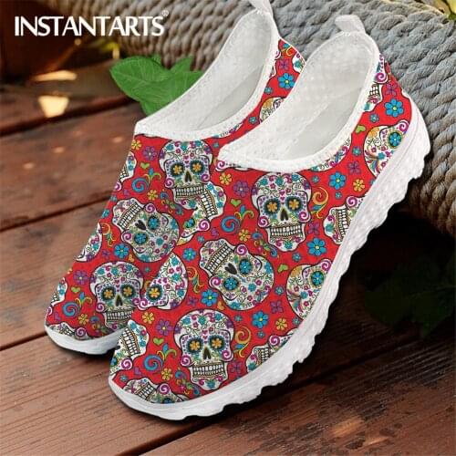 INSTANTARTS Red Sugar Skull Pattern Womens Gothic Shoes Breathable Flats Sneakers Summer Spring Slip On Loafers Zapatos Mujer