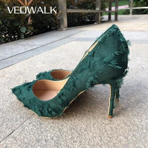 Veowalk Tassel Women Distressed Canvas High Heels Fashion Sexy Ladies Slip On Pointed Toe Pumps Wedding Bridal Stiletto Shoe
