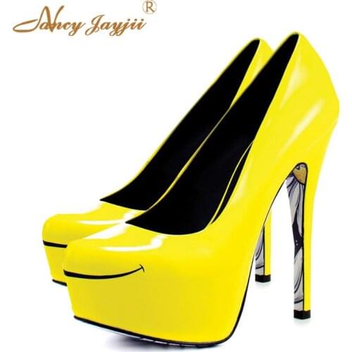 Ladies yellow round head patent leather high heels waterproof platform thin section ultra high with party mature fashion 2019