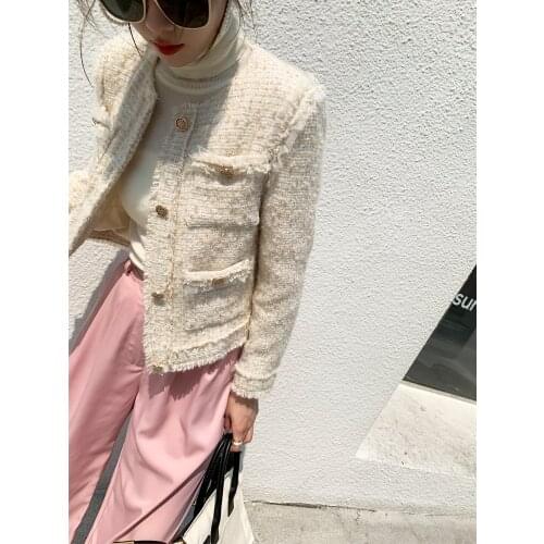 2021 Spring and Autumn New High-end Mesh Lace Splicing Small Fragrance Coat Womens European Station Short Temperament Tweed Top