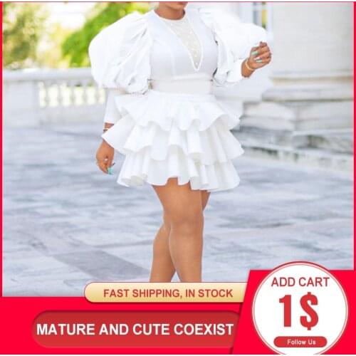 African Women Plus Size White Dress Vintage Puff Sleeve Cute Ruffle Tiered Layered Summer Spring Ladies Party Club Mini Dresses