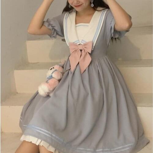 Bella New Summer Japanese Lolita Dress Women College Style Sweet Cute Kawaii Puff Sleeve A-line Casual Bowknot Princess Vestidos
