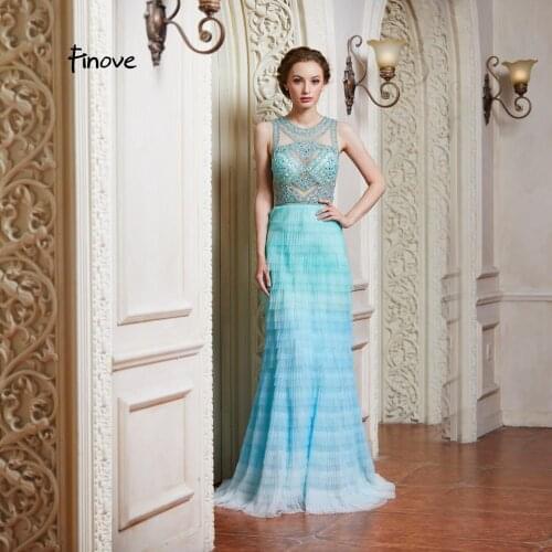 Finove Light Blue Formal Evening Dress 2020 New Sexy Beading O-Neck Backless Pleat Skirt Floor Length A Line Long Party Gowns