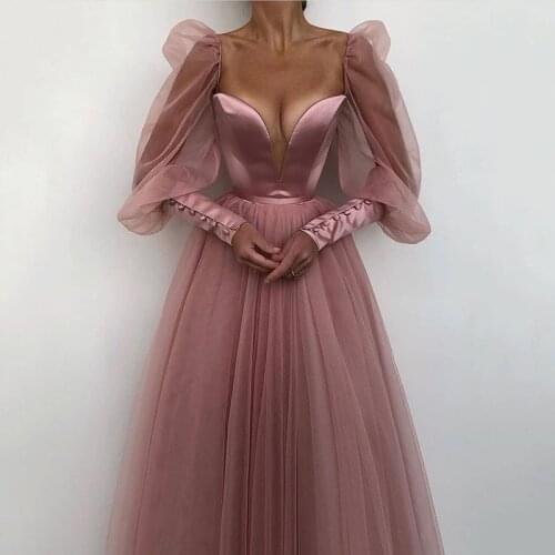 New Dark Pink Arabic Dubai Evening Dress 2021 Simple Prom Formal Gown Long Sheer Sleeves Robe De Soiree Custom Made